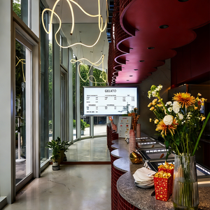 Airy Luxe Bakery & Coffee Market Stall Featuring Glass Display Case, Open Tiered Shelving, and Integrated Warm Lighting - Product Image 6