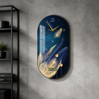 Jam Dinding Lukisan Kristal Porselen HD Terlaris Motif Bulu Biru Emas