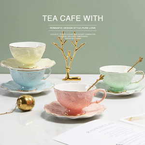 Elegant Gold Rim Coffee <b>and</b> Tea <b>Cup</b> <b>Saucer</b> Set Fine Bone <b>China</b> Ceramic Factory Embossed Luxurious Porcelain Design - Product Image 6