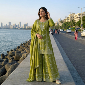 Ensemble Anarkali brodé vert avec dupatta, tenue traditionnelle indienne et pakistanaise pour femme, longueur genou, décontractée, coupe classique, en soie à séchage rapide - Product Image 1