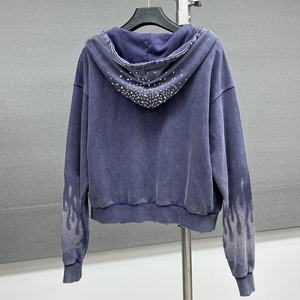 เสื้อฮู้ดดี้สไตล์วินเทจ ผ้าฝ้าย ดีไซน์เนอร์ ซิป ฮู้ดดี้ทรงหลวม ไหล่ตก ซิปยาว ฮู้ดดี้เนื้อหนา ล้างสีแบบแอซิด ฮู้ดดี้ประดับเพชร - Product Image 2