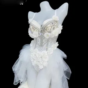 Kostum Wanita Pesta Bar Seksi Berlian Berkilau Bodysuit Bunga Renda Putih Bodysuit Klub Malam DJ Penyanyi LED Dansa Pakaian Panggung Pakaian