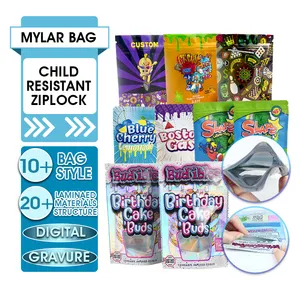 Impreso personalizado 3,5G 7g Baggies papel de aluminio resistente a los niños Galleta Embalaje de plástico ZipLock Mylar Bolsas