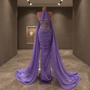 Trendy Vintage Off-Shoulder Maxi Satin Eco-Friendly Evening Partywear <b>Dress</b> <b>with</b> Slit Pattern Beaded - Product Image 2