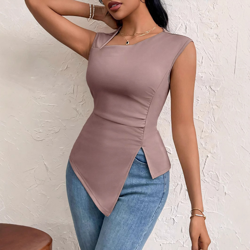 New Women's Elegant Style T-shirt Slant Collar Slim-fit Short Solid Color Irregular Women's Top with Slant Neck Sleeveless