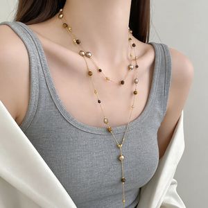Tiger Eye Stone Stacking <b>Necklace</b> For Women <b>Long</b> Sweater Chain Multi Layer Pearl Shell Design Daily Wear Fashion Jewelry - Product Image 2