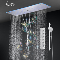 Colonne de douche thermostatique LED encastrée au plafond, grande taille, 5 fonctions : brume, pluie, cascade, massage