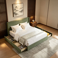 Lit plateforme capitonné en velours vert clair avec tiroirs de rangement latéraux, taille King, pour chambre à coucher