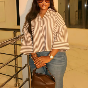 <span class=keywords><strong>Camicia</strong></span> Estiva 2026 Nuova Casual da <span class=keywords><strong>Donna</strong></span> in <span class=keywords><strong>Lino</strong></span> Eco-Friendly a Righe Multicolore a Maniche Lunghe Effetto Snellente - Product Image 1