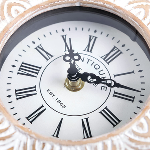 Horloge de table de bureau en bois sculpté à la main de conception Boho à piles pour étagères de bureau et étagères - Product Image 3