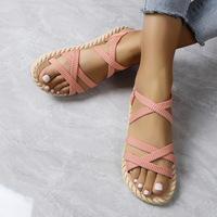 Sandales légères et respirantes en tissu de maïs tissé, style coréen, tongs, pantoufles monobloc, chaussures pour femmes, pour la maison et la plage