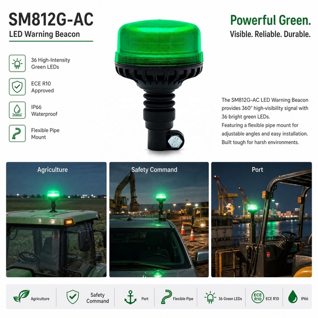 SM812G-AC Green LED Tower Light 36 LEDs ECE R10 IP66 12-24V Flexible Pipe Mount Multi-Color Industrial Signal 2 Years Warranty