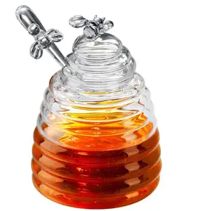 Milieuvriendelijke Fabriek Gift Ronde Lege 300 Ml Hand Gemaakt Unieke Groothandel Brede Mond Bee Honing Pot Glazen Pot Met Staaf deksel