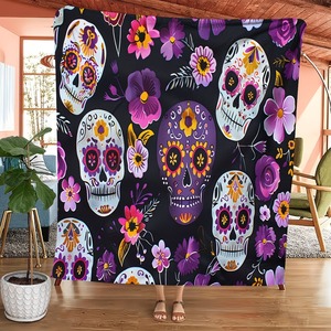 Couverture rectangulaire en flanelle douce à imprimé floral tête de mort, décoration moderne, utilisation quatre saisons, vente en gros - Product Image 1