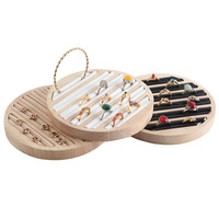 Expositor de Anillos Redondo de Madera Maciza de Lujo con Incrustaciones de Terciopelo y Cuero Multicolor, Accesorios de Exhibición de Joyería Premium para Anillos