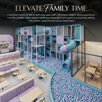 Aire de jeux intérieure haut de gamme pour enfants avec toboggan tubulaire, piscine à balles et salle d'anniversaire - Solution clé en main FEC style Morandi lavande et turquoise