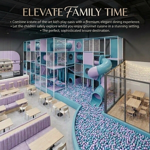 Aire de jeux intérieure haut de gamme pour enfants avec toboggan tubulaire, piscine à balles et salle d'anniversaire - Solution clé en main FEC style Morandi lavande et turquoise - Product Image 1