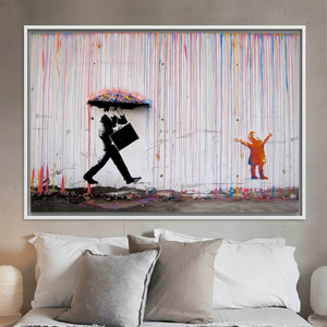 Impression sur toile de graffitis Banksy vibrante : Pluie colorée, parapluie pour enfants, toile encadrée blanche - Product Image 3