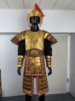 Ensemble d'armure de général chinois antique doré, motif dragon, costume de guerrier, casque à plumes rouges, reconstitution historique, scène