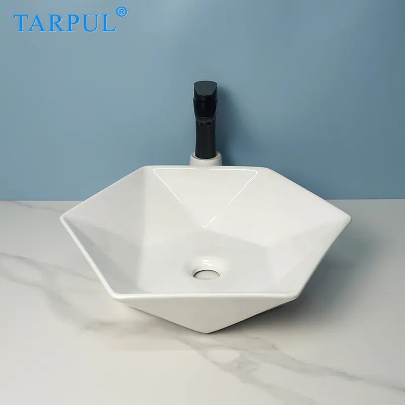 TARPUL prezzo di fabbrica stile popolare senza foro esagonale colori personalizzati bagno lavabo d'arte in ceramica lavabo da appoggio