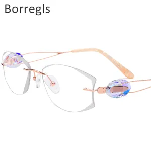 Borregls Wire Titanium Rimless Glasses Women Ultralight Luxury Diamond Trim preced 光学眼镜框眼镜 0973