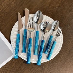 High-quality 304 stainless steel acrylic bamboo handle Western restaurant/hotel light luxury knife, fork, and spoon <b>set</b> - - Product Image 3