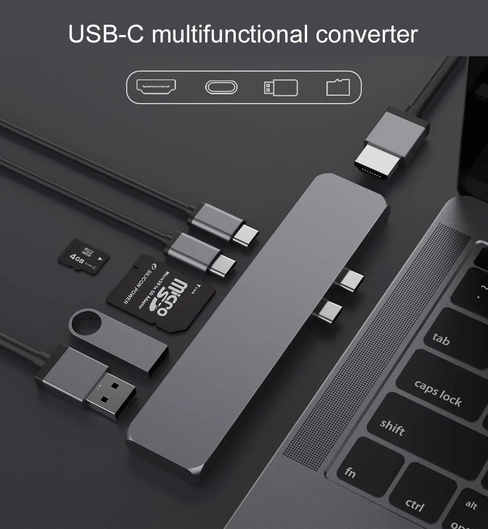 De aleación de aluminio 7 puertos USB Hub 3,0 divisor 7 en 1 Adaptador de tipo c hub usb 3,0 multifunción multipuerto 7 en 1 Usb C