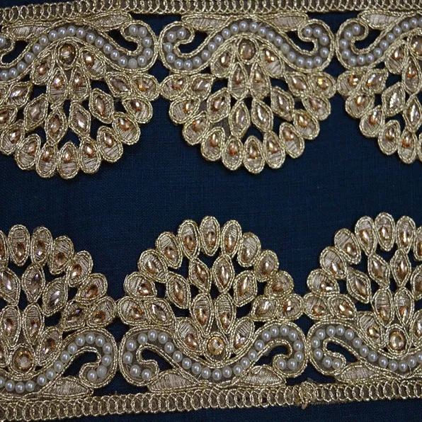 9 yard Wholesale Trim Scallop Edge Saree Ribbon Costume Metallic Ribbon Beaded Gold Stone Lace Crafting Sewing Trimming Indian S