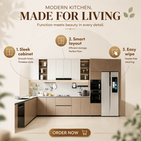 Ensemble de meubles de cuisine modulaire en forme de U, style minimaliste moderne, sans poignées, avec rangement intégré