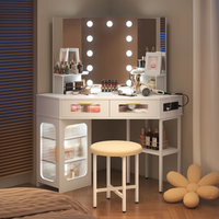Ensemble de coiffeuse d'angle avec miroir éclairé, station de charge, étagères de rangement et commode pour chambre à coucher