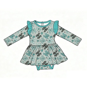 En gros Body bébé imprimé style western en fibre de bambou pour petite fille, robe à manches volantées avec culotte - Product Image 2