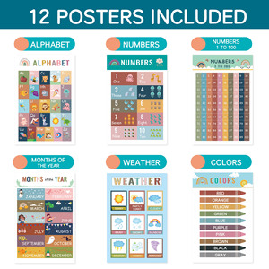 Tableau mural et affiche éducatifs en papier pour enfants, style bohème, avec autocollants cognitifs pour l'éveil en anglais en maternelle - Product Image 2