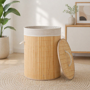 Bamboo Woven <b>Storage</b> <b>Basket</b> With Lid Rectangle Cotton Fabric Portable Clothing Organizer For Laundry And Toys - Product Image 2