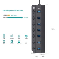 Adaptateur USB3.0 à 7 Ports, Hub Multiports USB 3.0 Portable avec Interrupteurs LED, Convertisseur de Transfert de Données 5 Gbit/s pour Ordinateur Portable et PC