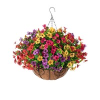 Keranjang gantung bunga Violet buatan, dekorasi berkebun luar ruangan, keranjang Pot gantung palem kelapa