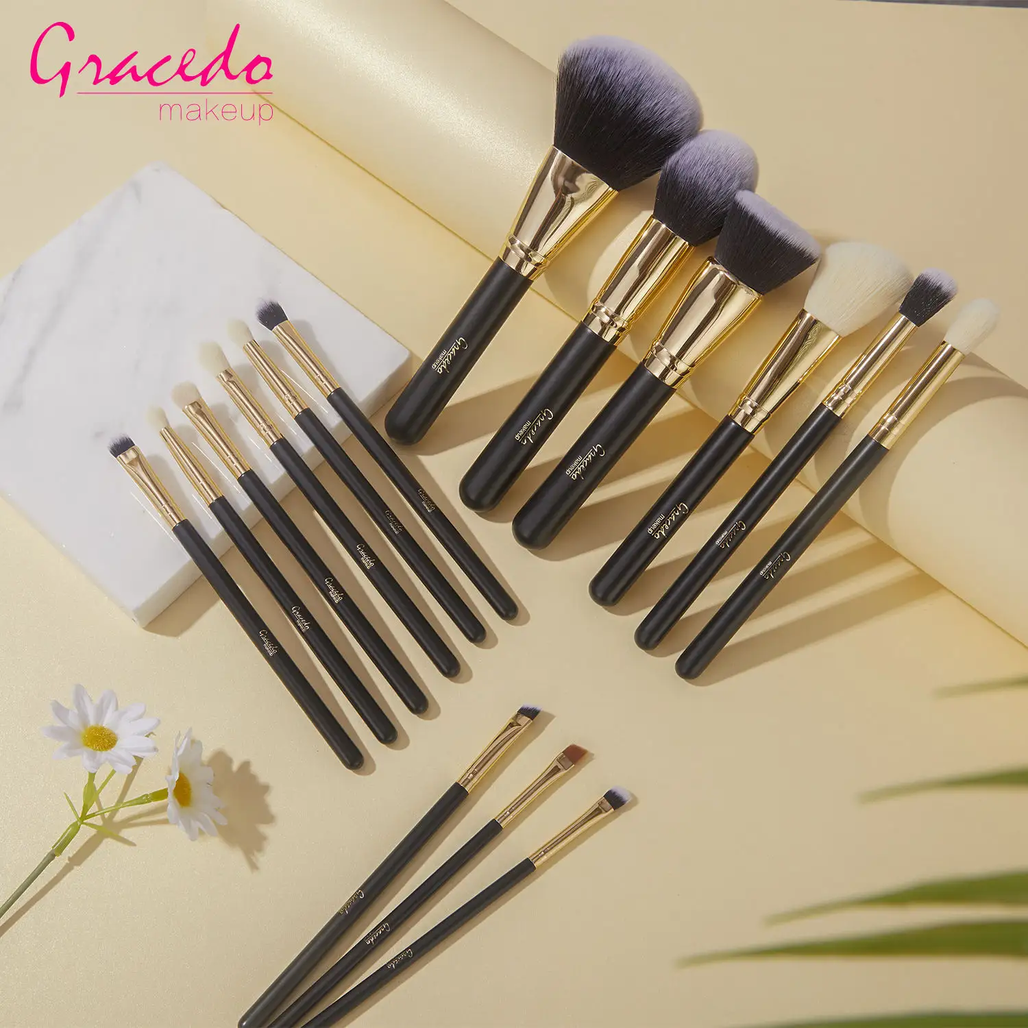 Gracedo black custom 15PCS makeup brush set high quality professional cosmetic kabuki face concealer eye shadows makeup brush