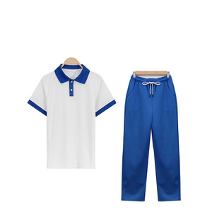 Conjunto de uniforme escolar, pantalones blancos y azules de manga corta para estudiantes de primaria y secundaria, ropa de primavera y otoño - Product Image 1