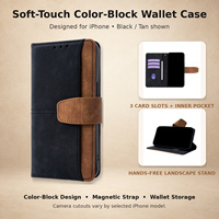 Étui portefeuille magnétique à rabat avec support et porte-cartes, effet doux au toucher et blocs de couleur, pour iPhone 18 17 16 15 14 13 Pro Max