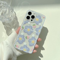 Coque arrière en silicone souple pour iPhone 13 Pro Max, motif floral bleu ondulé, fraise, mignon, pour filles et femmes