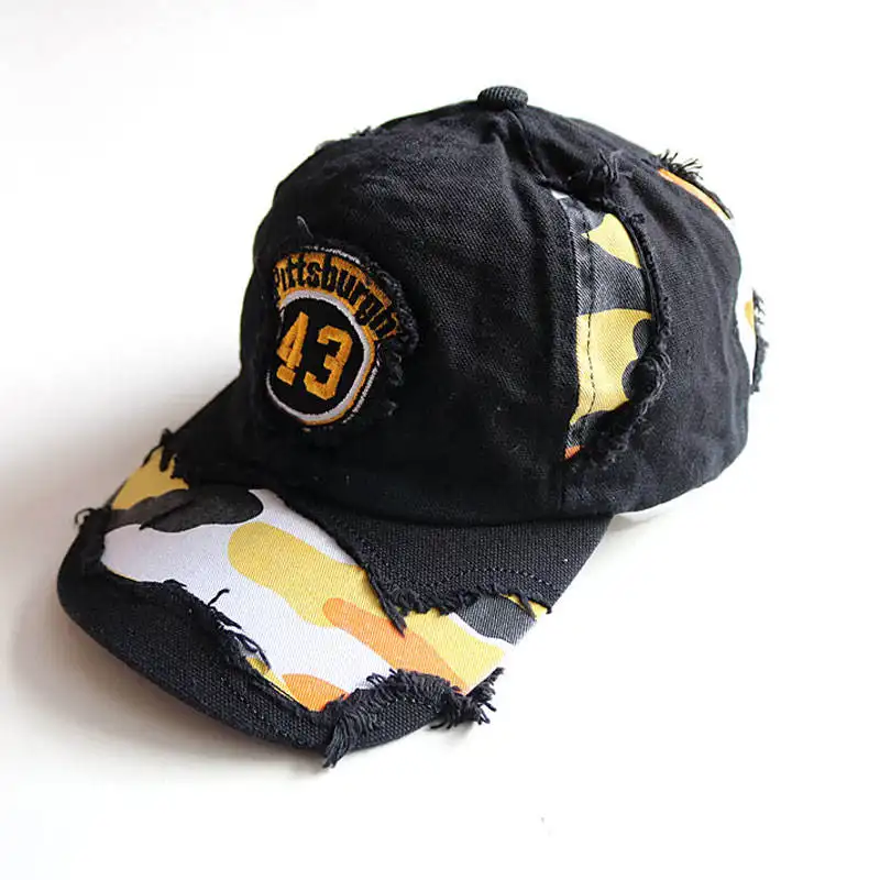 Custom Nieuwe Borduurpatch Sport Casquette Tijdperk 5 Panel Camo Vader Hoed Gewassen Distressed Denim Ongestructureerde Baseball Caps