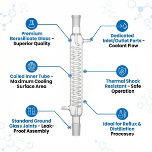 Condensador <span class=keywords><strong>Graham</strong></span> de Vidrio Borosilicato Premium con Tubo Interno Enrollado, Junta Estándar, para Destilación por Reflujo en Química - Product Image 2