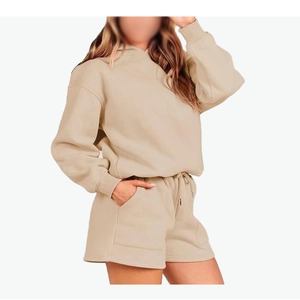 Ensemble 2 pièces pour femme, beige, sweat à capuche et short, coupe ample décontractée, polaire, couleur unie, tenue quotidienne, toutes saisons - Product Image 5