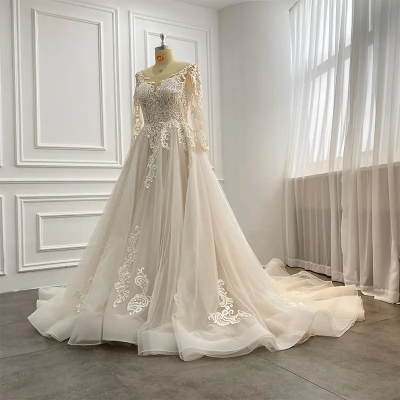 2022 Custom Applique Lace Long Sleeve Wedding Dress Plus Size A-line Wedding Dresses For Bride