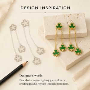 Pendientes Largos de Cadena con Trébol Verde, Acero Inoxidable, Chapado al Vacío en Oro de 14K, Esmalte, Joyería Colgante - Product Image 5