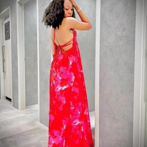 Summer New Women's Printed Backless Dress Casual Floral XXS Size Floor Length Korean Style Puff Sleeves Eco-Friendly for Natural - Product Image 4