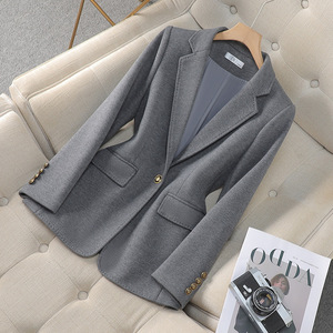 Women's Wool Blazer Light Gray Solid Color Anti-Wrinkle Casual Elegant Autumn Winter Suit Jacket Petite Fit - Product Image 1