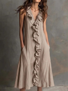 Abito lungo da donna in cotone e lino tinta unita, senza maniche, scollo a V, vestibilità ampia, con balze, nuova collezione primavera estate - Product Image 3