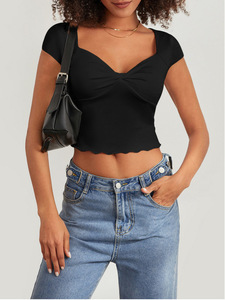 Sommer-<span class=keywords><strong>Sale</strong></span>: Sexy Damen-T-Shirt mit V-Ausschnitt und kurzen Ärmeln im Euro-Stil, schmal geschnitten, mit Rüschen, lässig, modisch, für Alltag und Party - Product Image 2