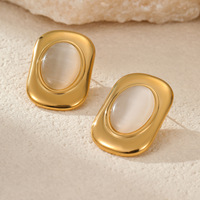 Parure de bijoux Novirassine en acier inoxydable plaqué or 18 carats avec pierre œil de chat ovale, boucles d'oreilles clous géométriques et bague pour femme