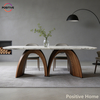Table à manger moderne de luxe rectangulaire avec plateau en marbre, base en bois de chêne massif, pieds arqués, extensible et pliable, pour usage hôtelier